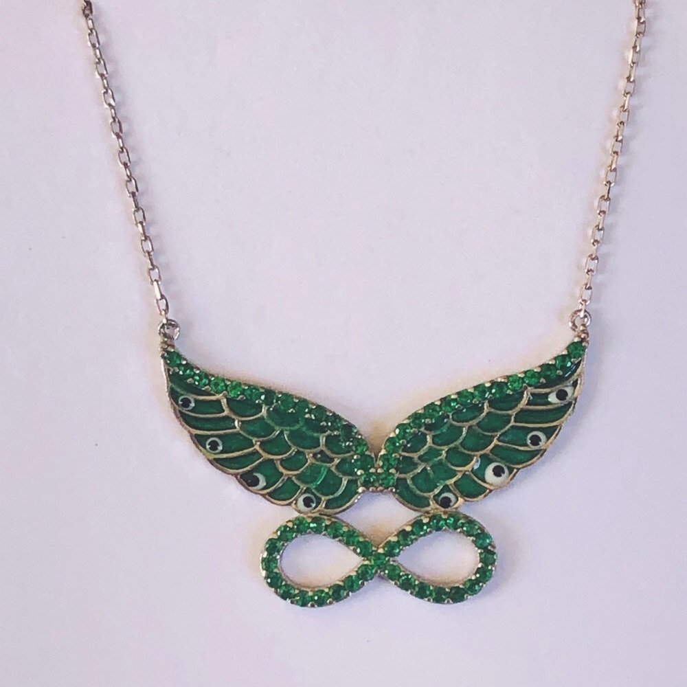 Angelwing infinity silver green enamel cz necklace